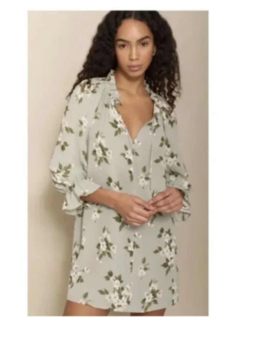Reformation Adrienne Green Floral Mini Dress Long Sleeve Sz S